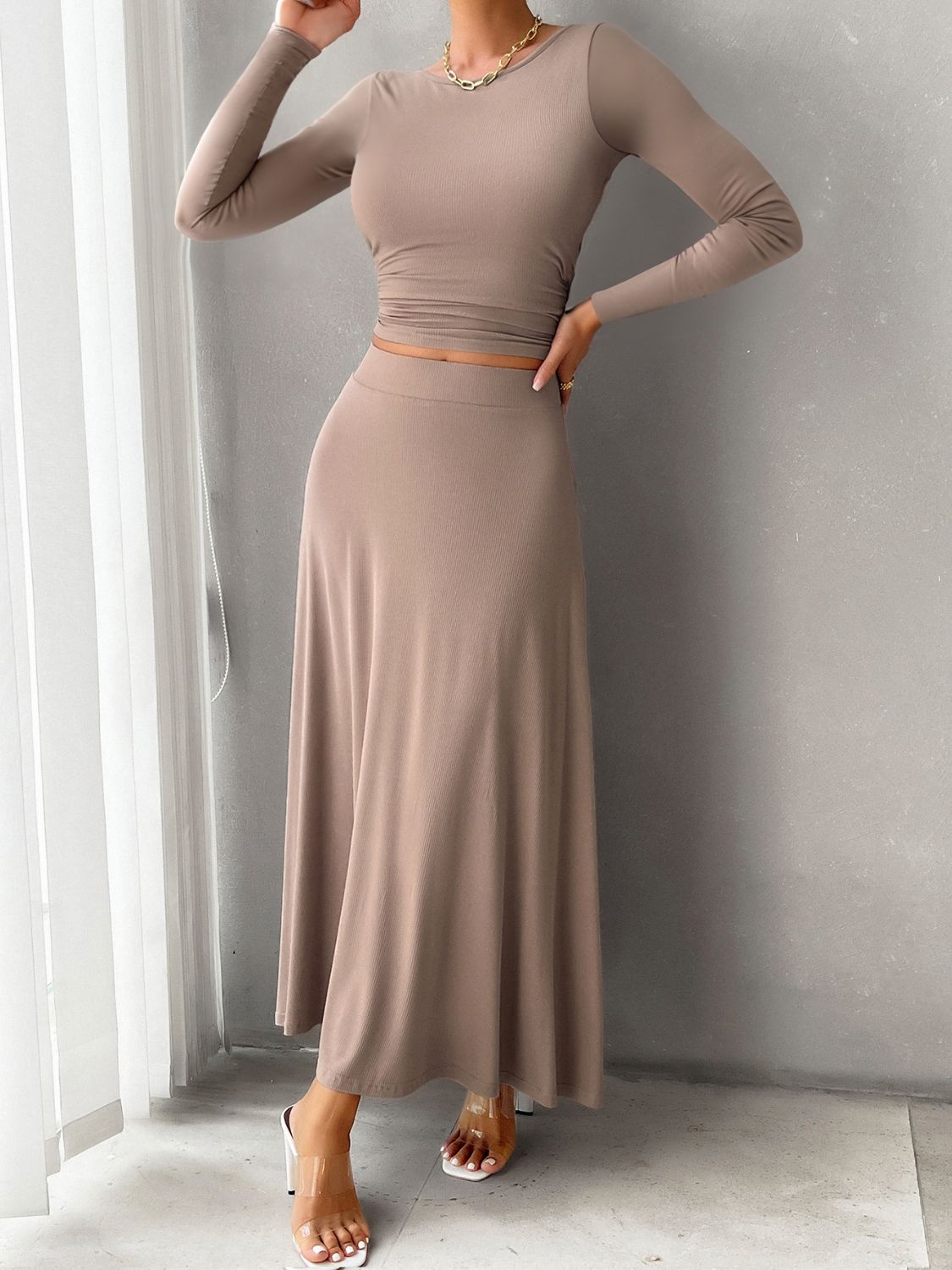 Devine Round Neck Long Sleeve Top and Skirt Set - Flip Flop Dynasty