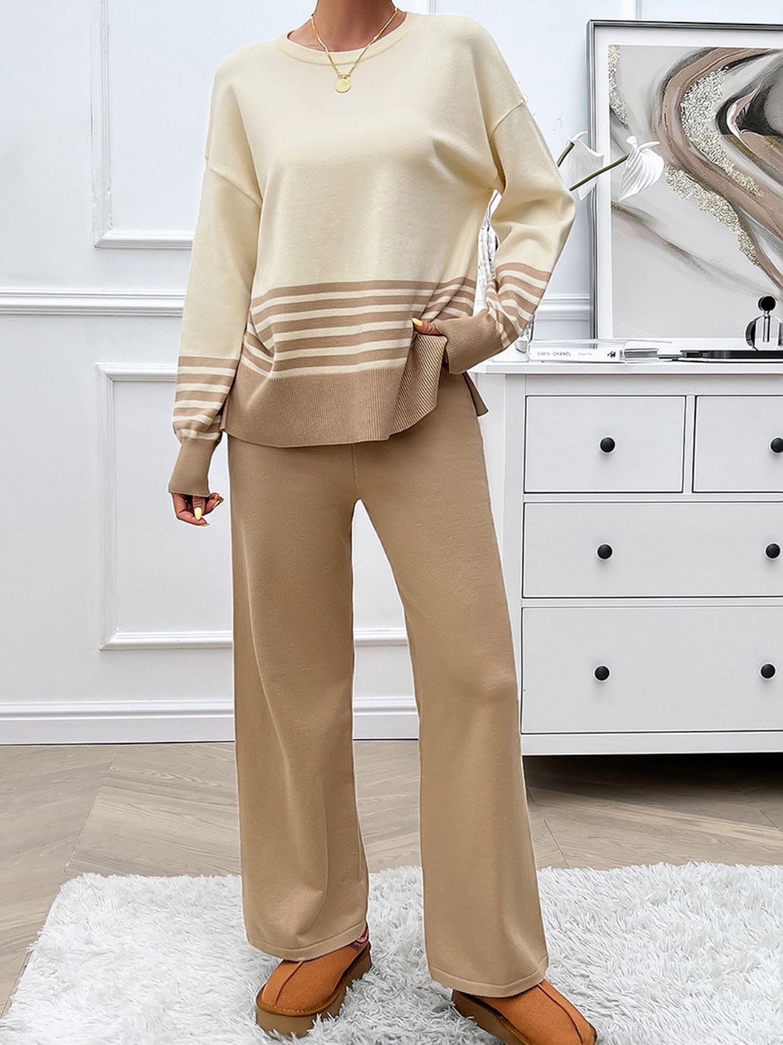 Devine Slit Striped Round Neck Top and Pants Sweater Set - Flip Flop Dynasty