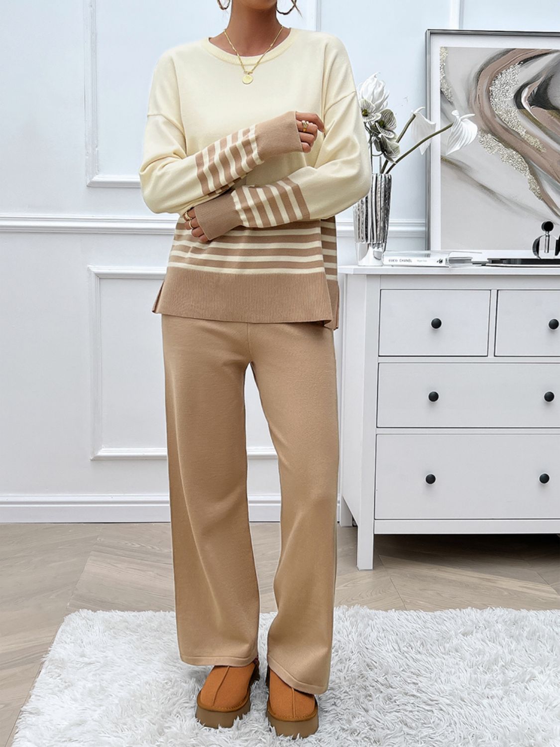 Devine Slit Striped Round Neck Top and Pants Sweater Set - Flip Flop Dynasty