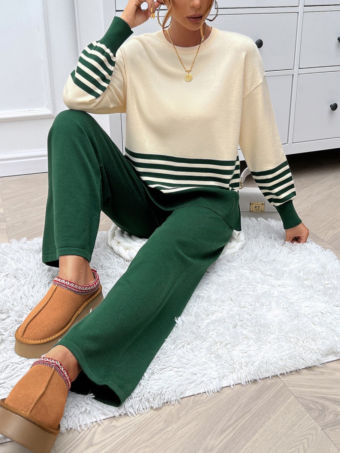 Devine Slit Striped Round Neck Top and Pants Sweater Set - Flip Flop Dynasty