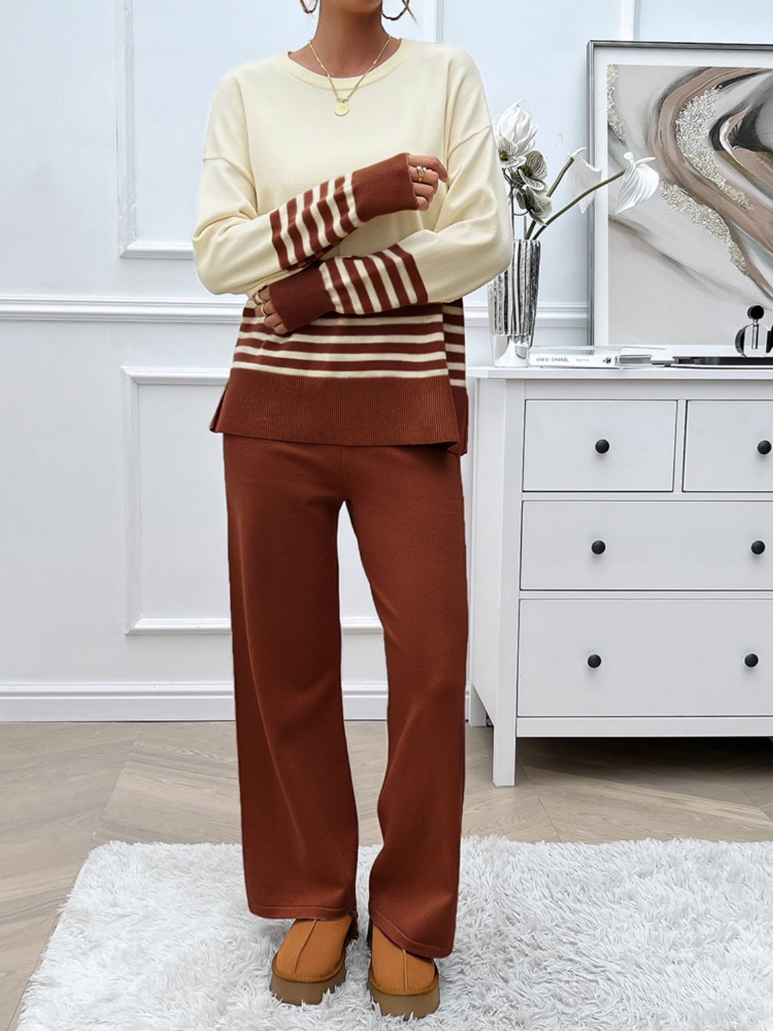 Devine Slit Striped Round Neck Top and Pants Sweater Set - Flip Flop Dynasty