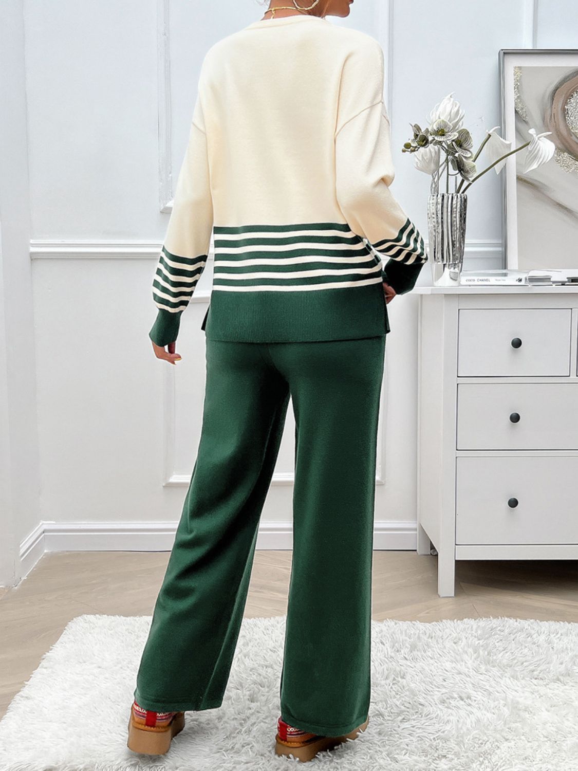 Devine Slit Striped Round Neck Top and Pants Sweater Set - Flip Flop Dynasty