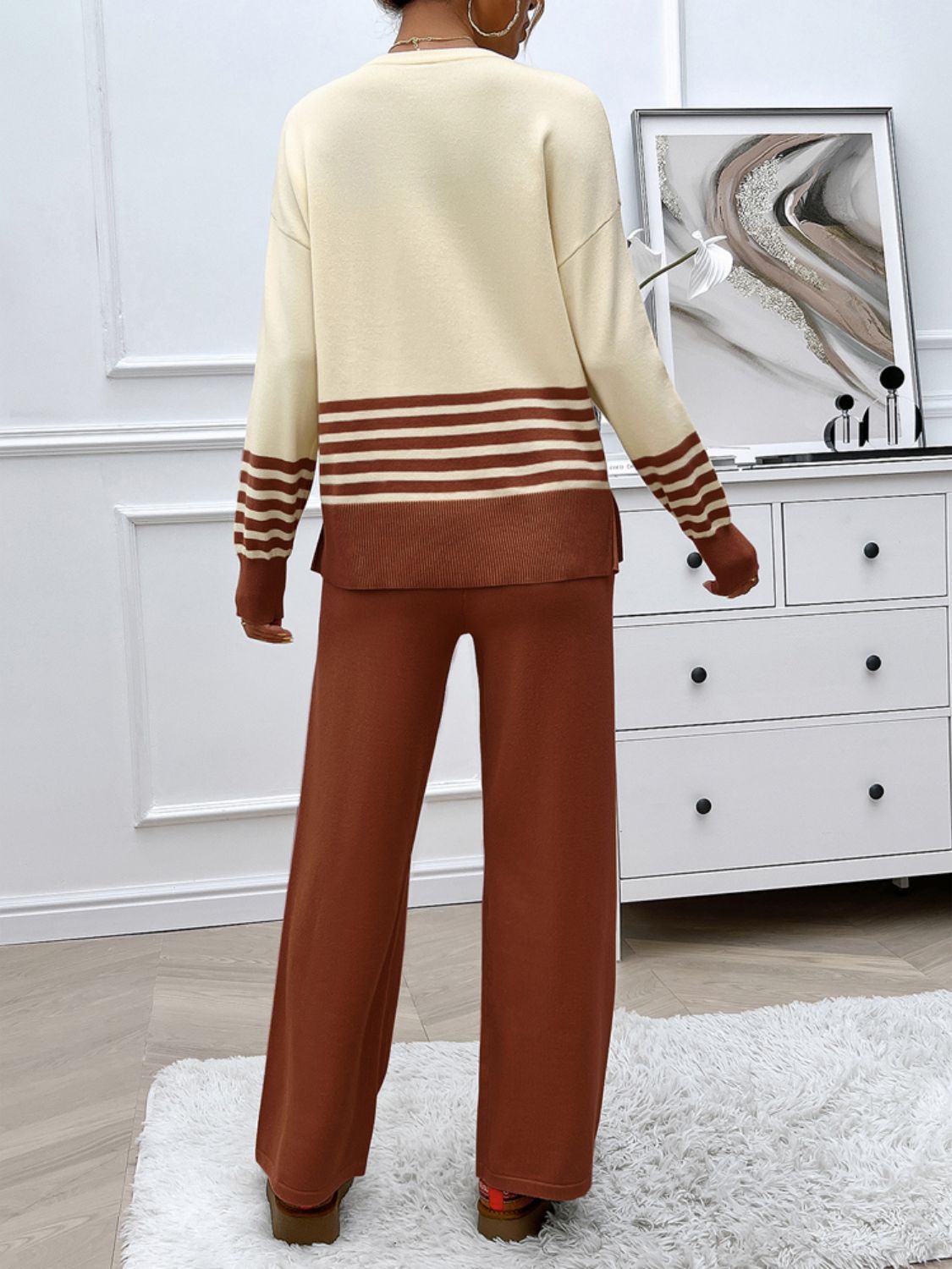 Devine Slit Striped Round Neck Top and Pants Sweater Set - Flip Flop Dynasty