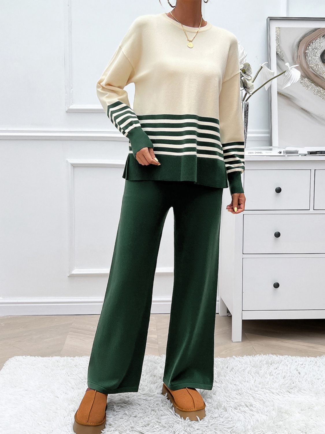 Devine Slit Striped Round Neck Top and Pants Sweater Set - Flip Flop Dynasty