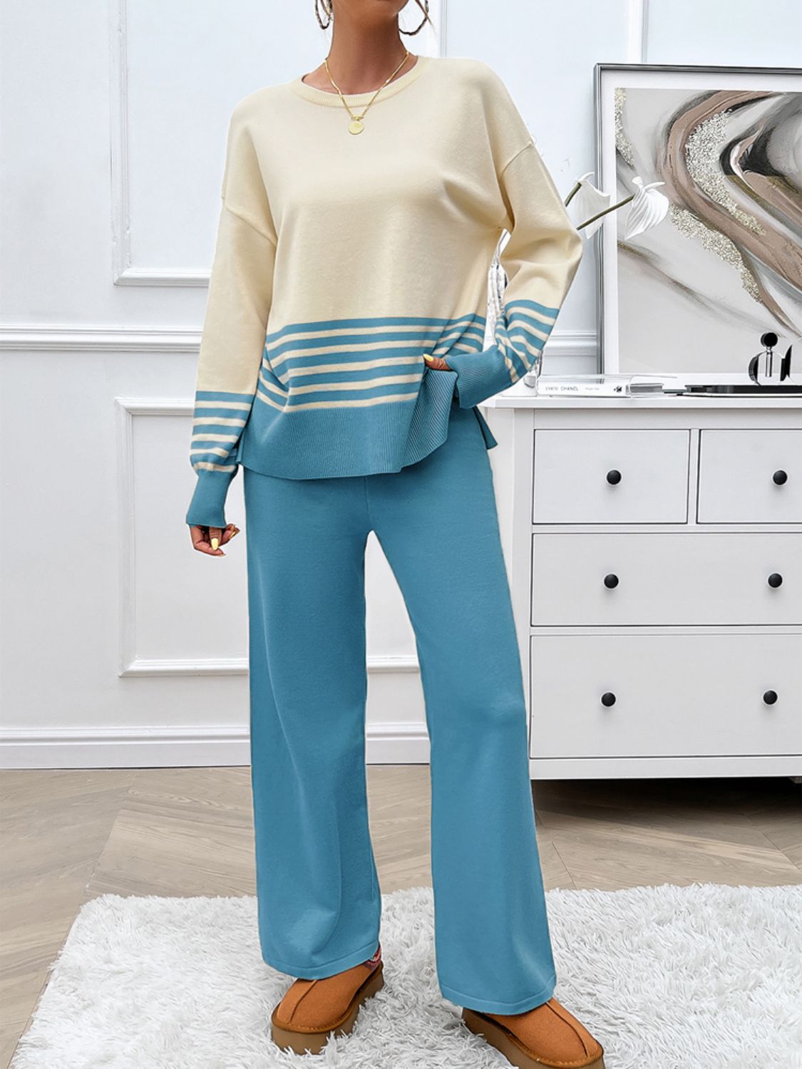 Devine Slit Striped Round Neck Top and Pants Sweater Set - Flip Flop Dynasty