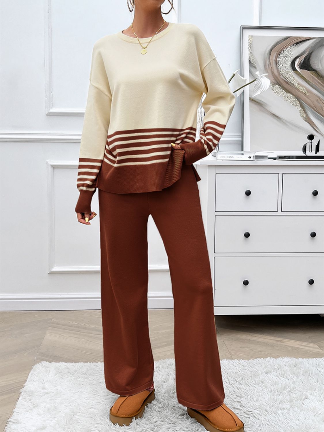 Devine Slit Striped Round Neck Top and Pants Sweater Set - Flip Flop Dynasty