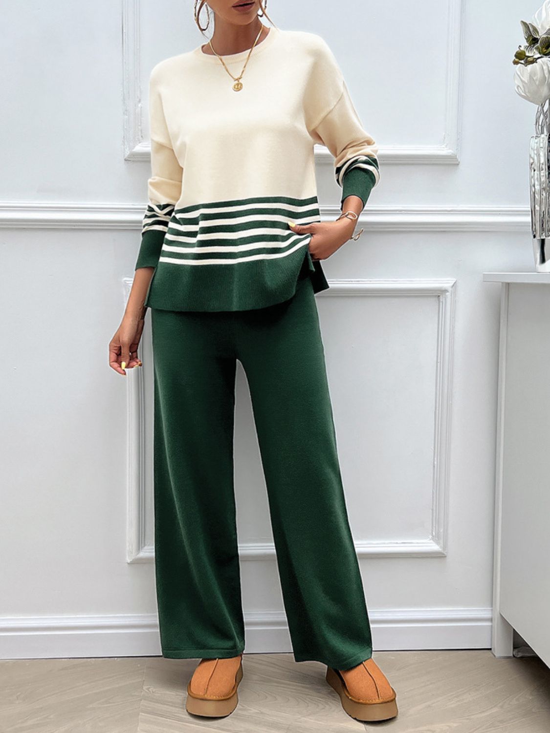 Devine Slit Striped Round Neck Top and Pants Sweater Set - Flip Flop Dynasty