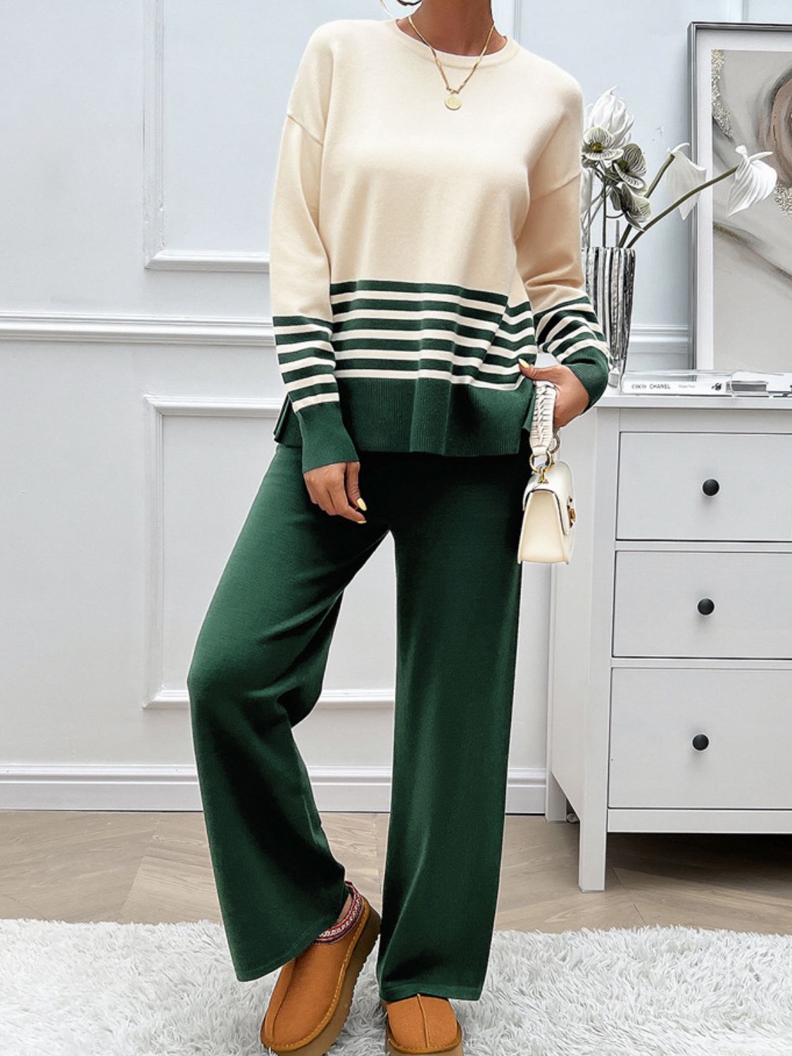 Devine Slit Striped Round Neck Top and Pants Sweater Set - Flip Flop Dynasty