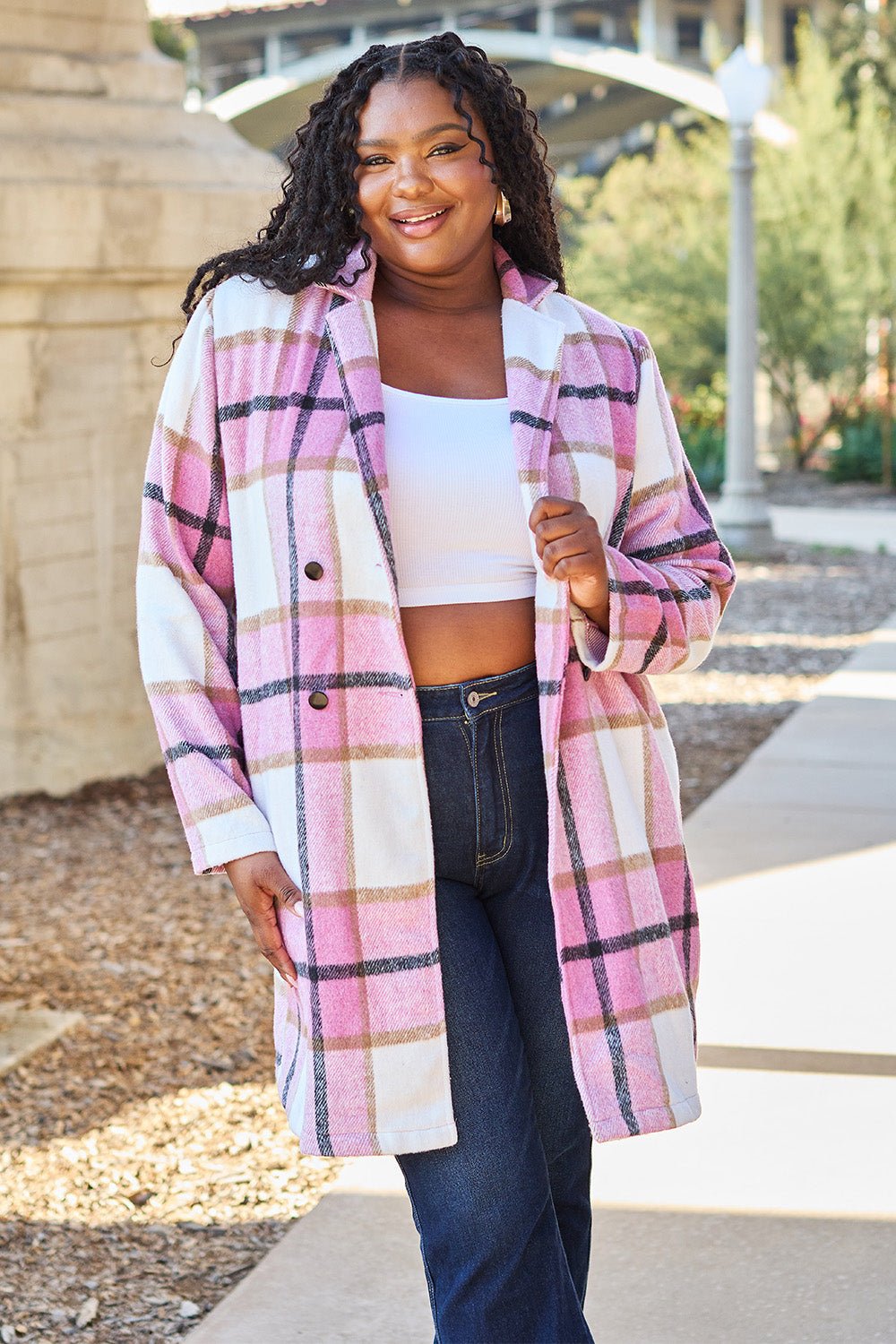 Double Take Full Size Plaid Button Up Lapel Collar Coat - Flip Flop Dynasty