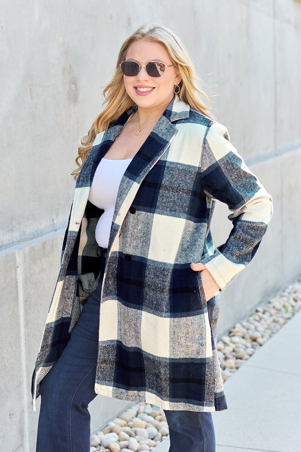 Double Take Full Size Plaid Button Up Lapel Collar Coat - Flip Flop Dynasty