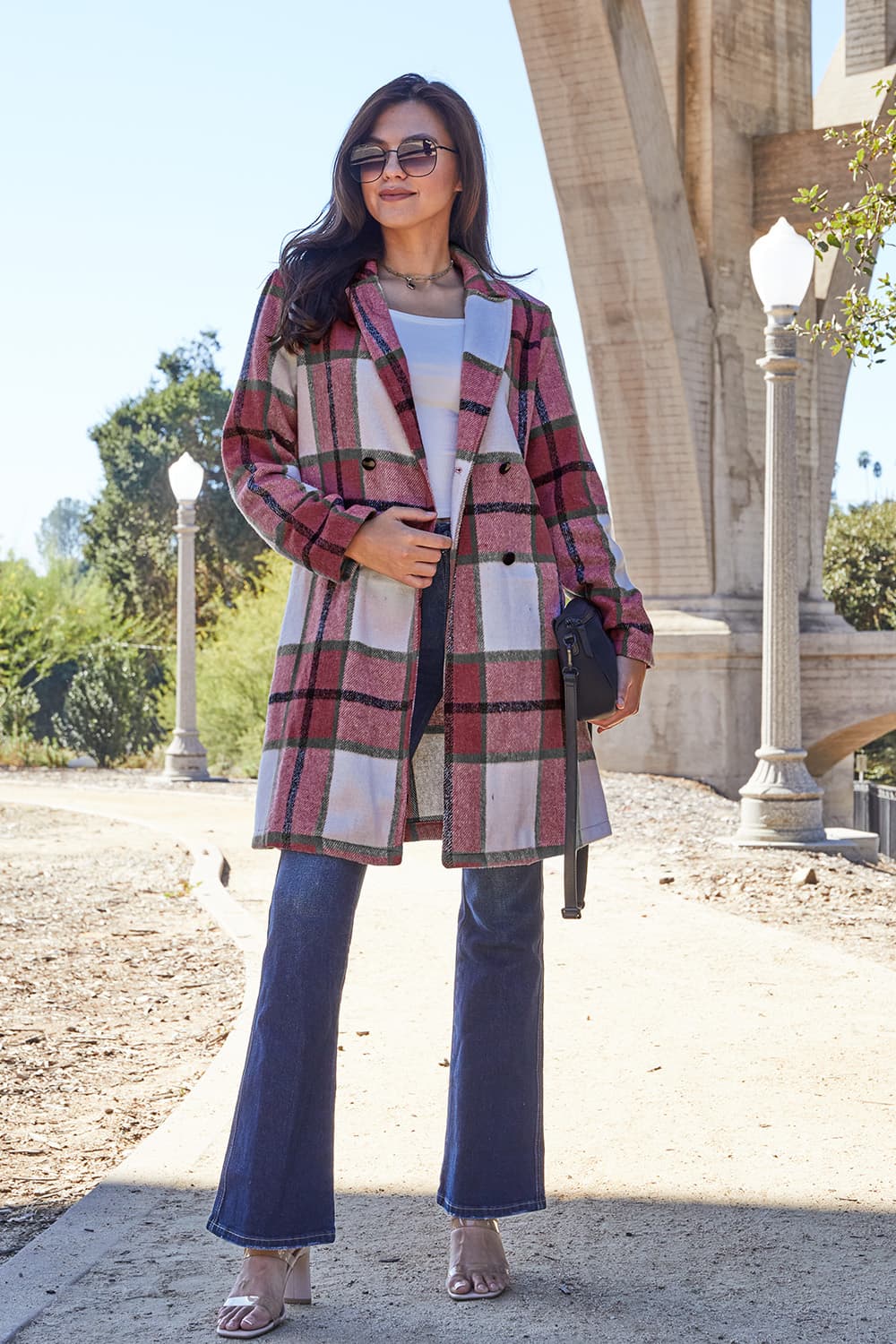 Double Take Full Size Plaid Button Up Lapel Collar Coat - Flip Flop Dynasty