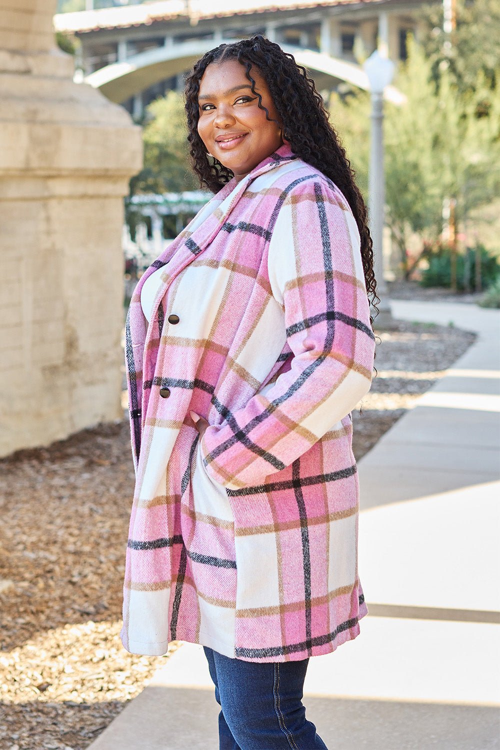 Double Take Full Size Plaid Button Up Lapel Collar Coat - Flip Flop Dynasty