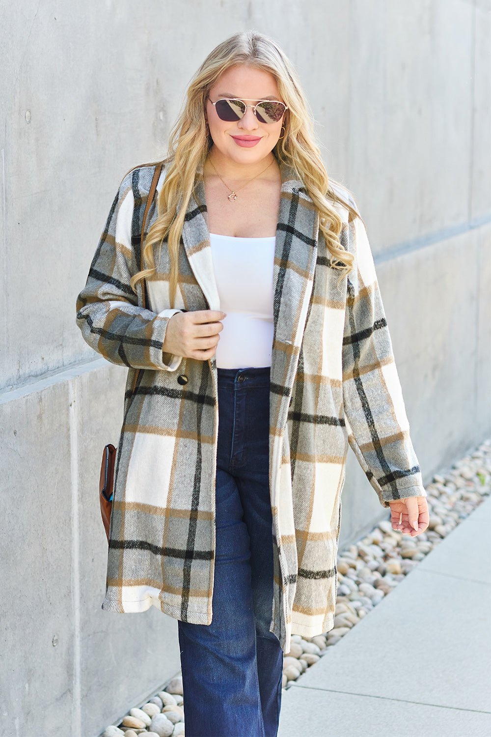 Double Take Full Size Plaid Button Up Lapel Collar Coat - Flip Flop Dynasty