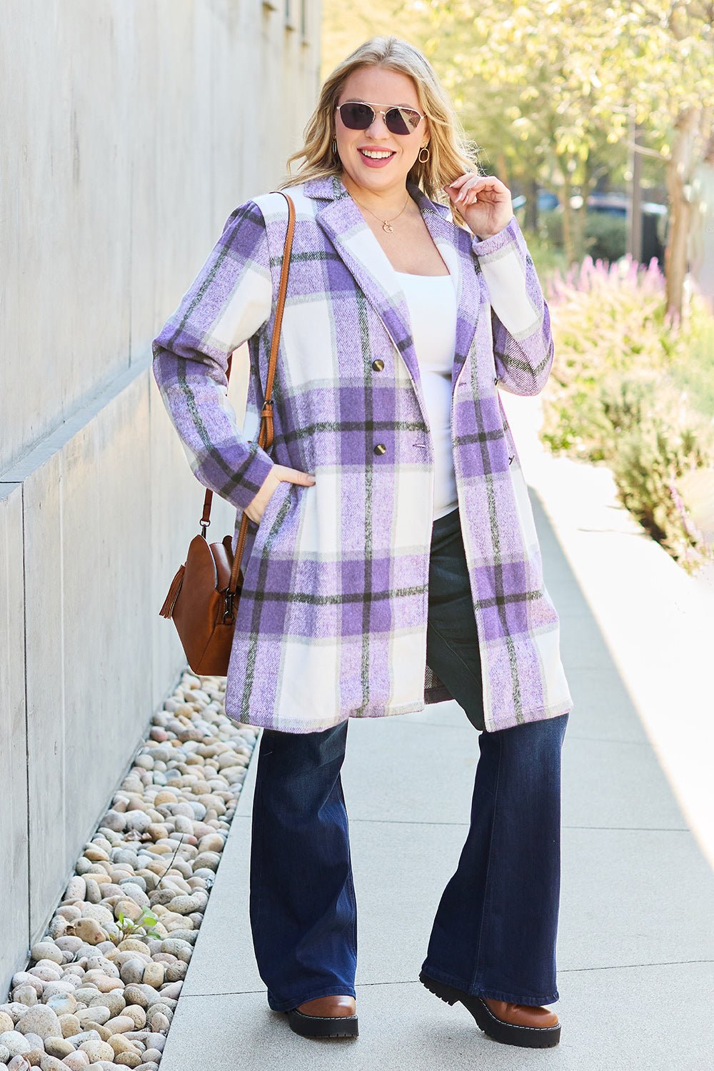 Double Take Full Size Plaid Button Up Lapel Collar Coat - Flip Flop Dynasty