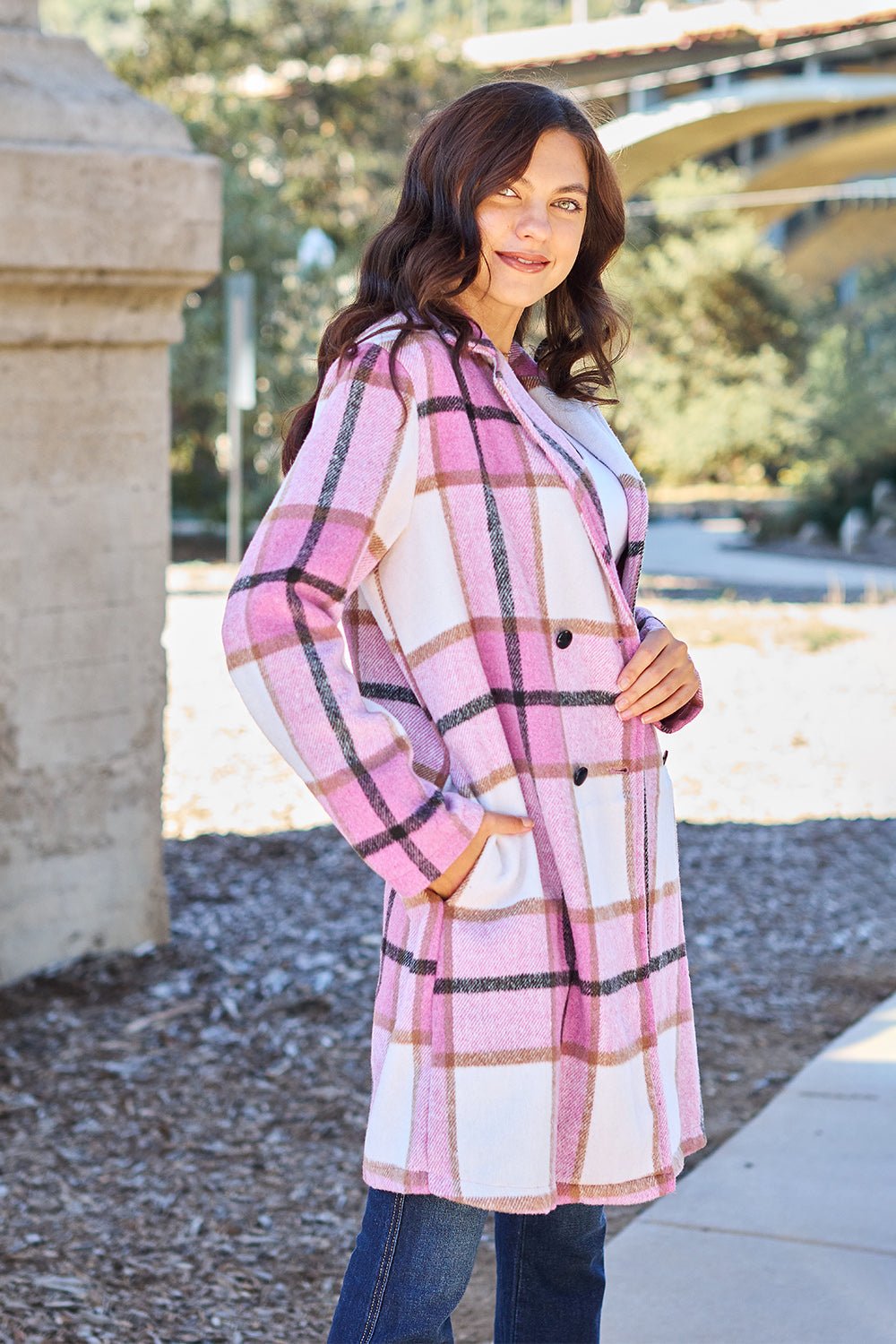 Double Take Full Size Plaid Button Up Lapel Collar Coat - Flip Flop Dynasty