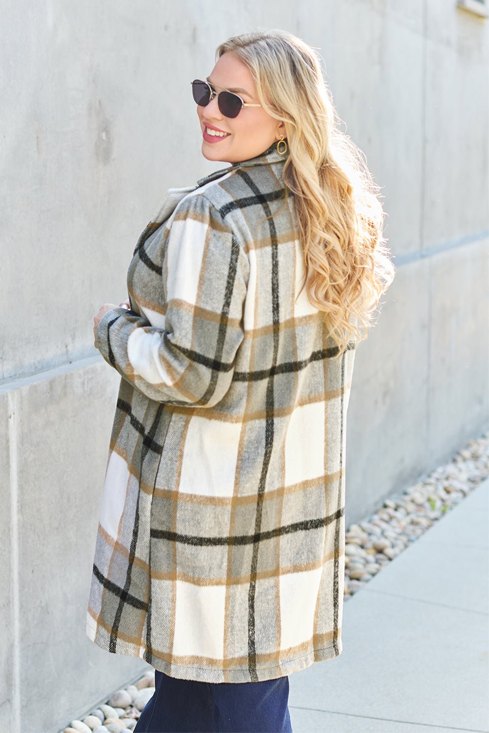 Double Take Full Size Plaid Button Up Lapel Collar Coat - Flip Flop Dynasty