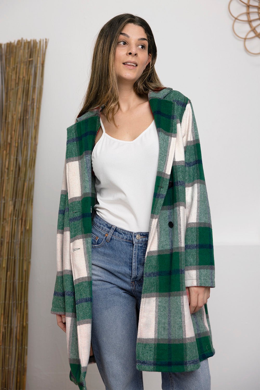 Double Take Full Size Plaid Button Up Lapel Collar Coat - Flip Flop Dynasty