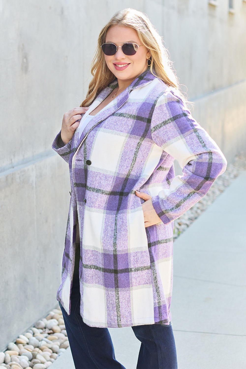 Double Take Full Size Plaid Button Up Lapel Collar Coat - Flip Flop Dynasty