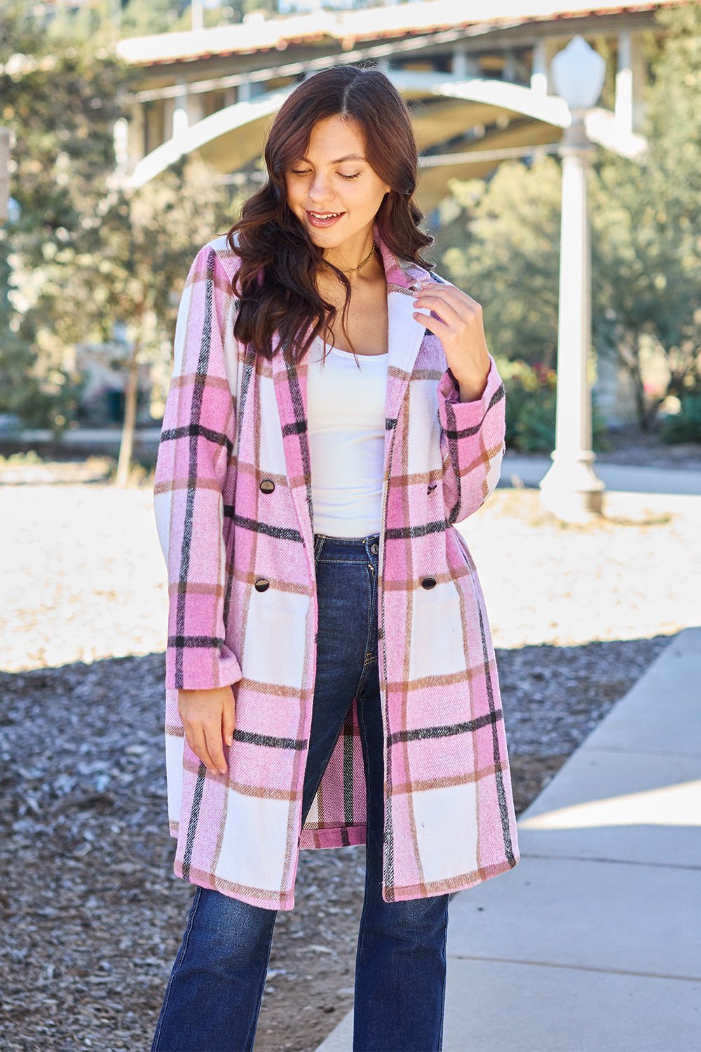 Double Take Full Size Plaid Button Up Lapel Collar Coat - Flip Flop Dynasty