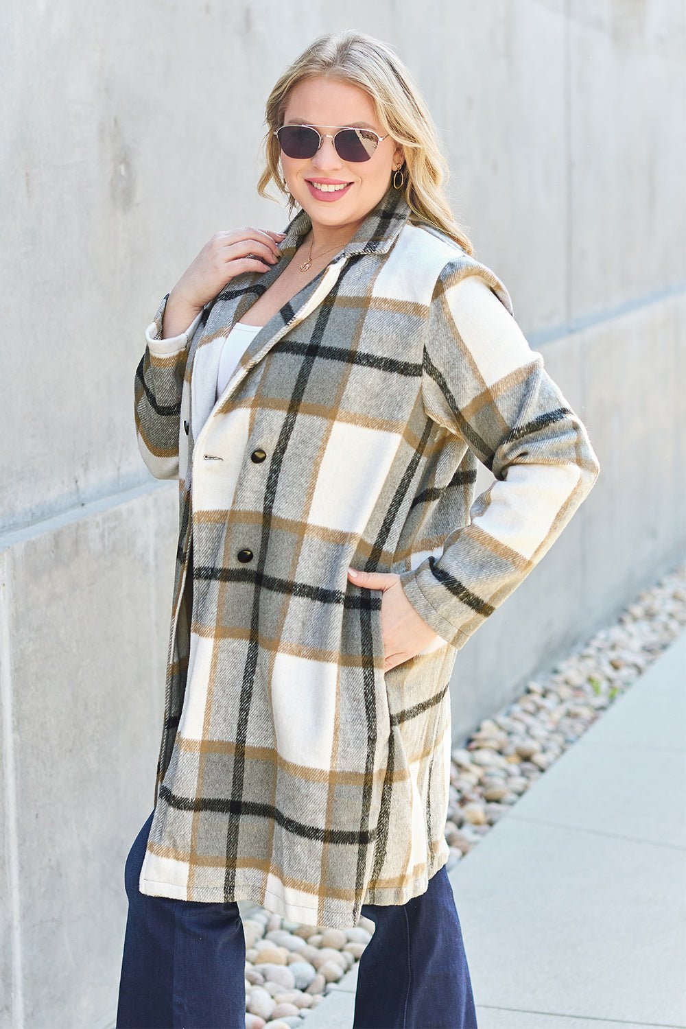 Double Take Full Size Plaid Button Up Lapel Collar Coat - Flip Flop Dynasty