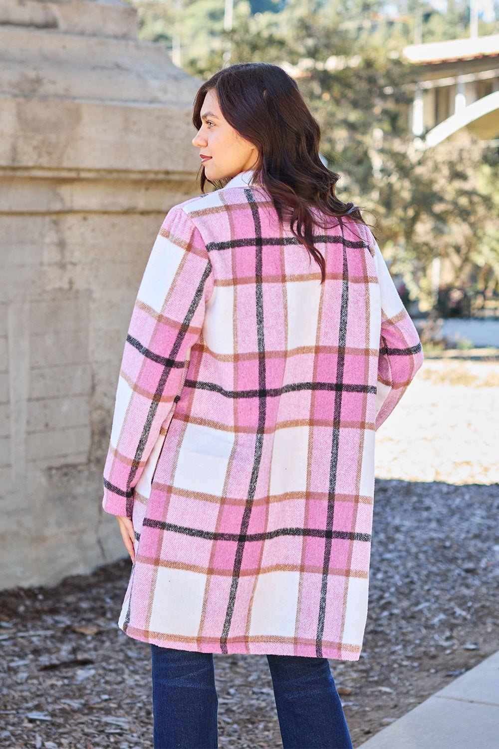 Double Take Full Size Plaid Button Up Lapel Collar Coat - Flip Flop Dynasty