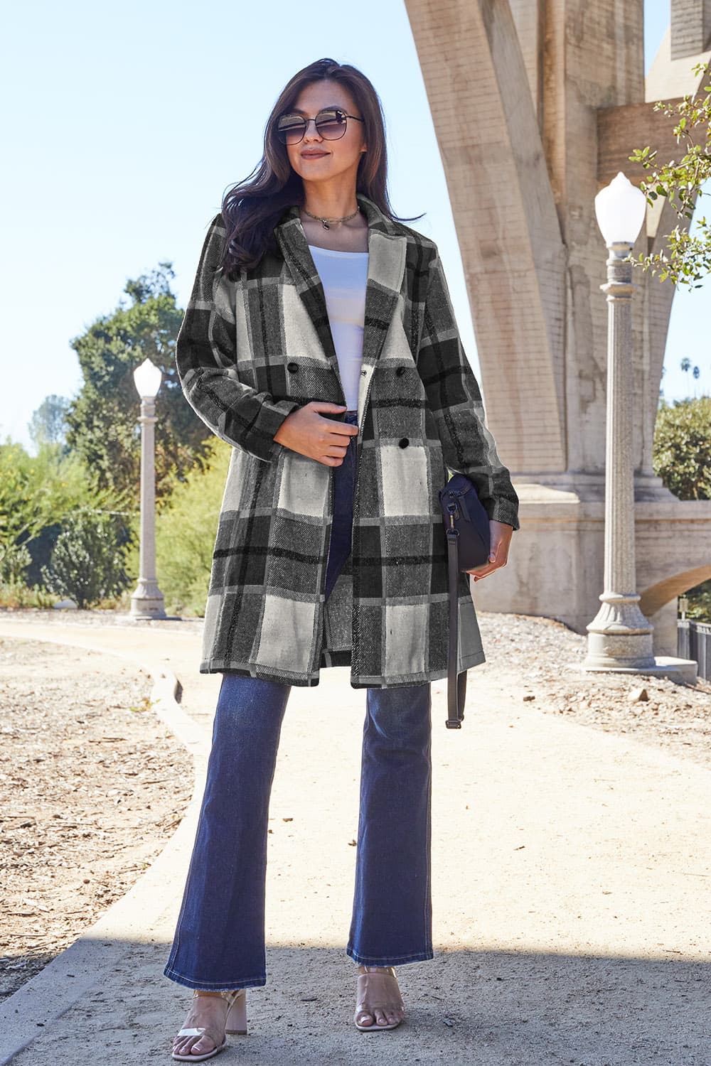 Double Take Full Size Plaid Button Up Lapel Collar Coat - Flip Flop Dynasty