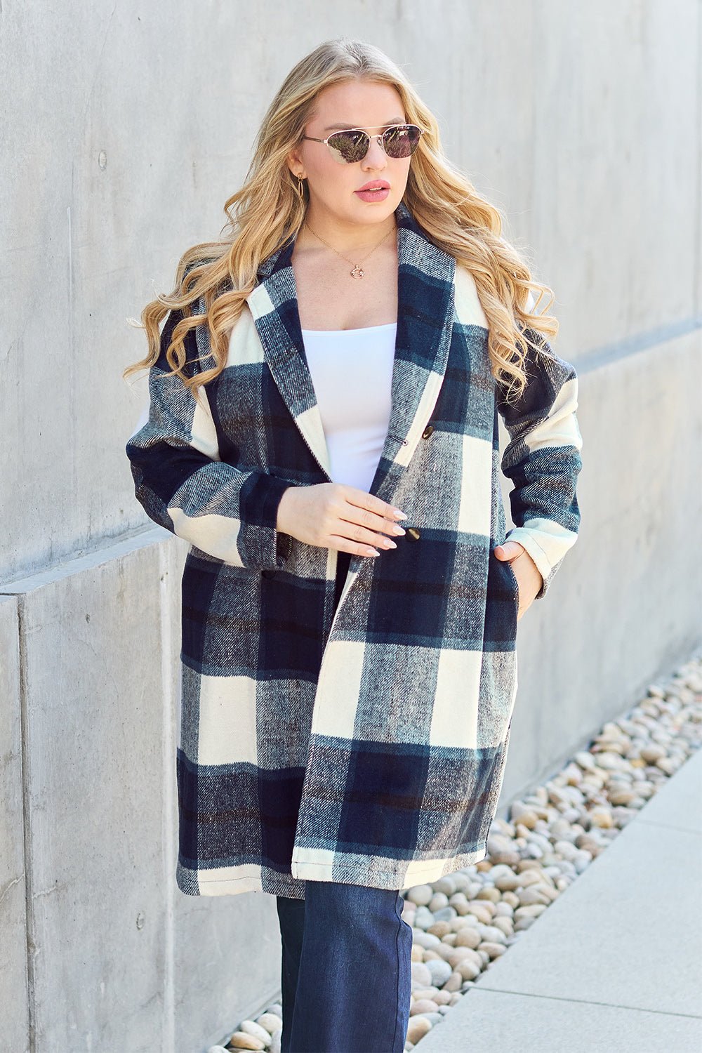 Double Take Full Size Plaid Button Up Lapel Collar Coat - Flip Flop Dynasty