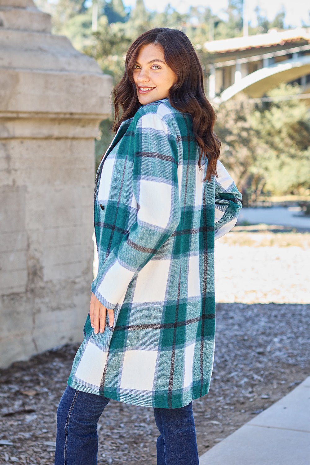 Double Take Full Size Plaid Button Up Lapel Collar Coat - Flip Flop Dynasty