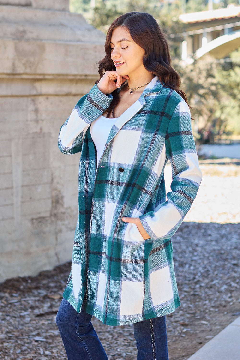 Double Take Full Size Plaid Button Up Lapel Collar Coat - Flip Flop Dynasty