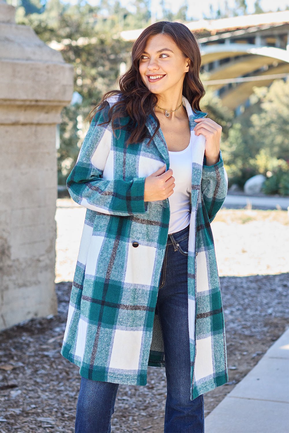 Double Take Full Size Plaid Button Up Lapel Collar Coat - Flip Flop Dynasty