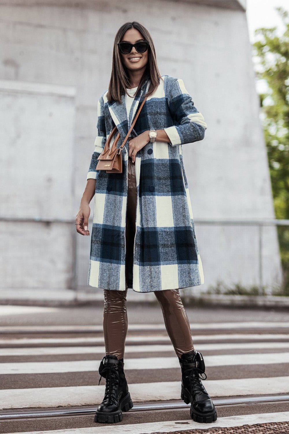 Double Take Full Size Plaid Button Up Lapel Collar Coat - Flip Flop Dynasty