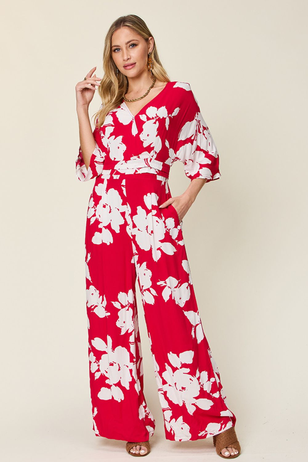 Double Take Full Size Printed Tie Back Wide Leg Jumpsuit - Flip Flop Dynasty