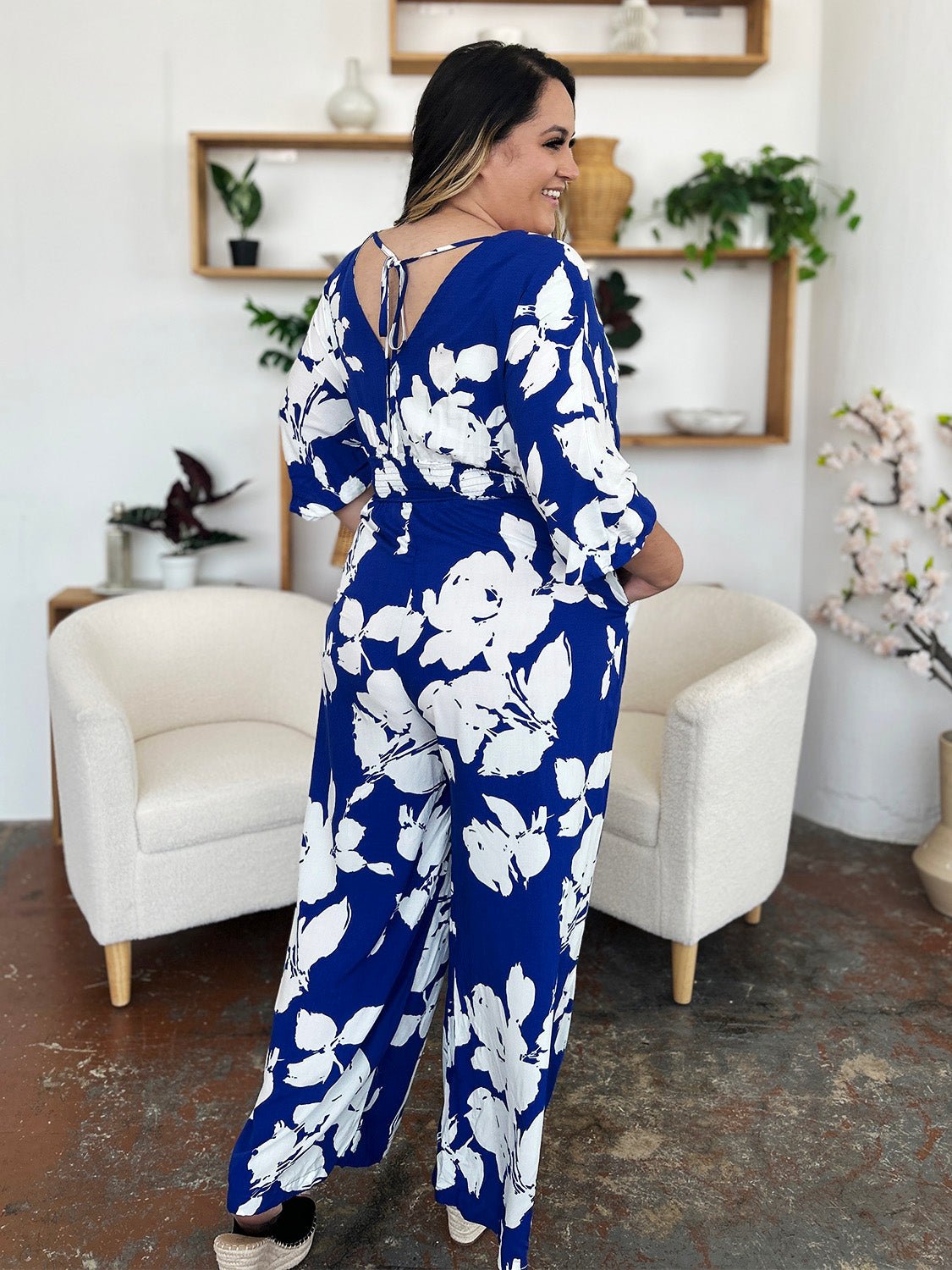 Double Take Full Size Printed Tie Back Wide Leg Jumpsuit - Flip Flop Dynasty