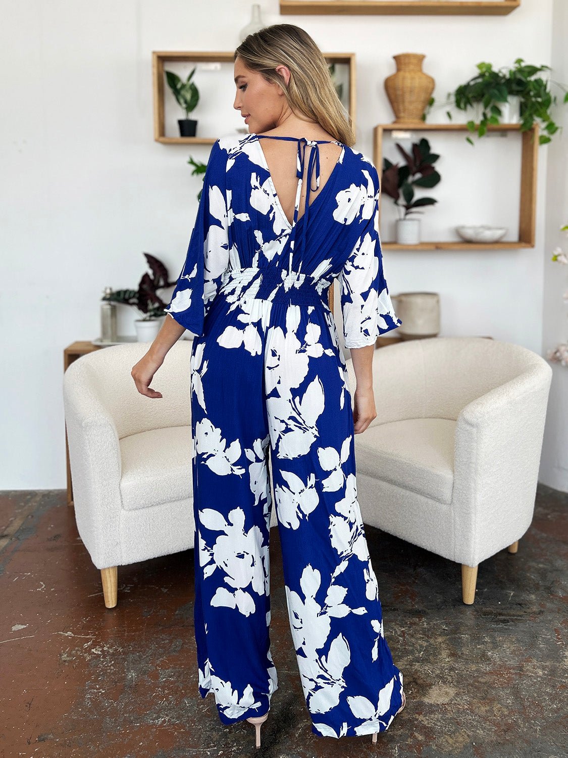 Double Take Full Size Printed Tie Back Wide Leg Jumpsuit - Flip Flop Dynasty