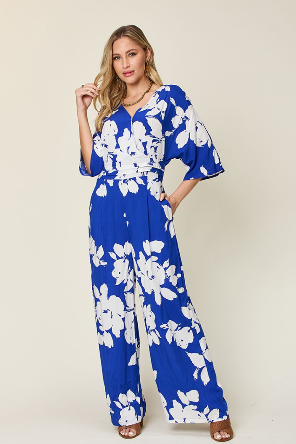 Double Take Full Size Printed Tie Back Wide Leg Jumpsuit - Flip Flop Dynasty