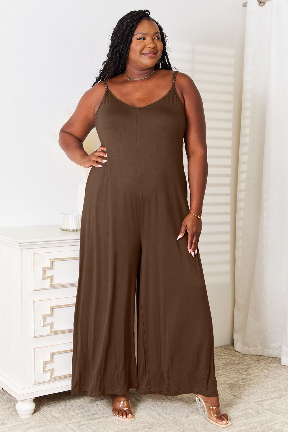 Double Take Full Size Soft Rayon Spaghetti Strap Tied Wide Leg Jumpsuit - Flip Flop Dynasty