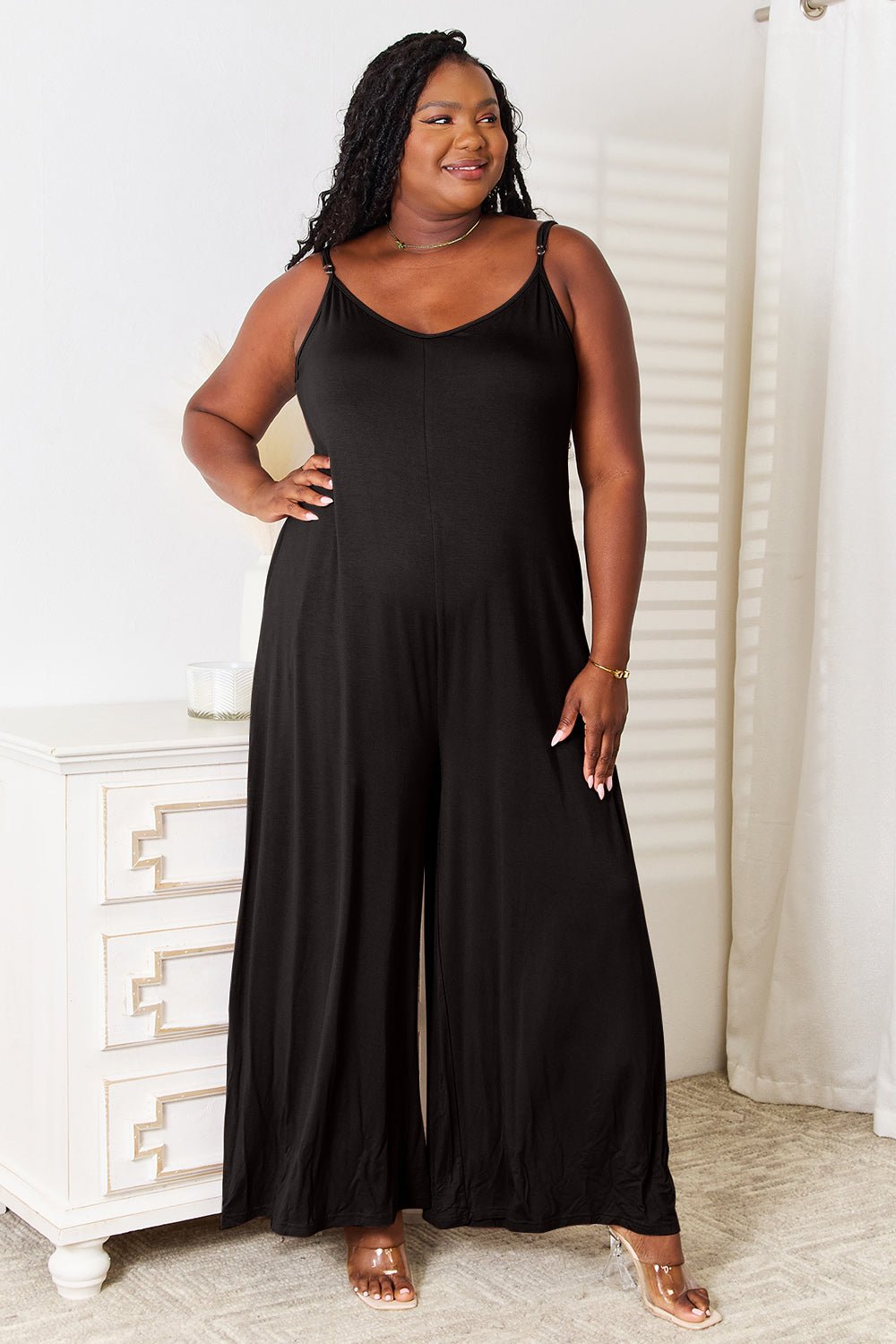 Double Take Full Size Soft Rayon Spaghetti Strap Tied Wide Leg Jumpsuit - Flip Flop Dynasty