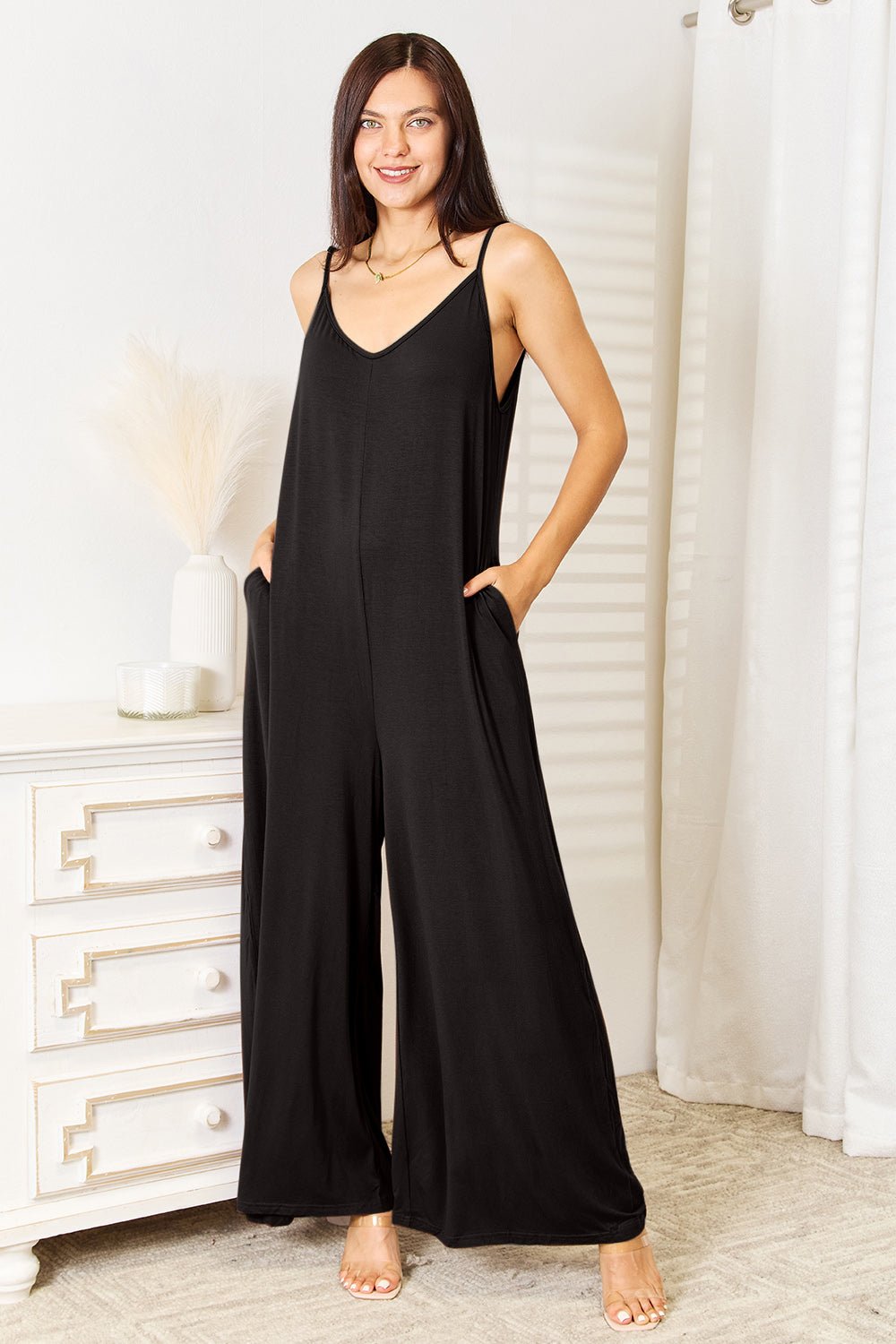 Double Take Full Size Soft Rayon Spaghetti Strap Tied Wide Leg Jumpsuit - Flip Flop Dynasty