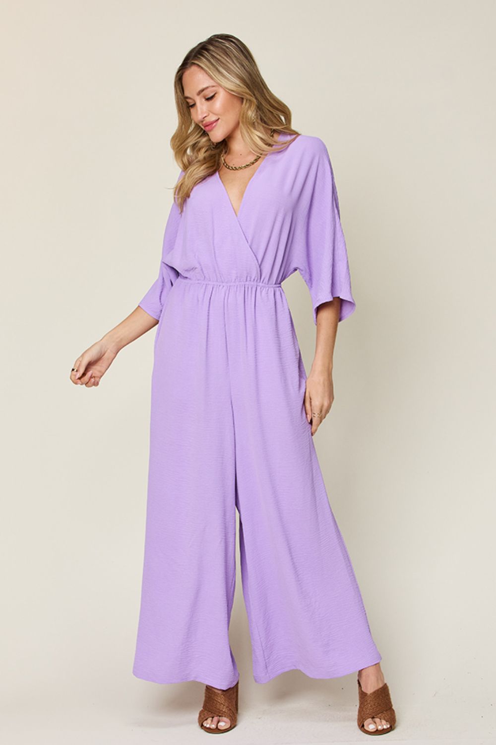 Double Take Full Size Surplice Wide Leg Jumpsuit with Pockets - Flip Flop Dynasty