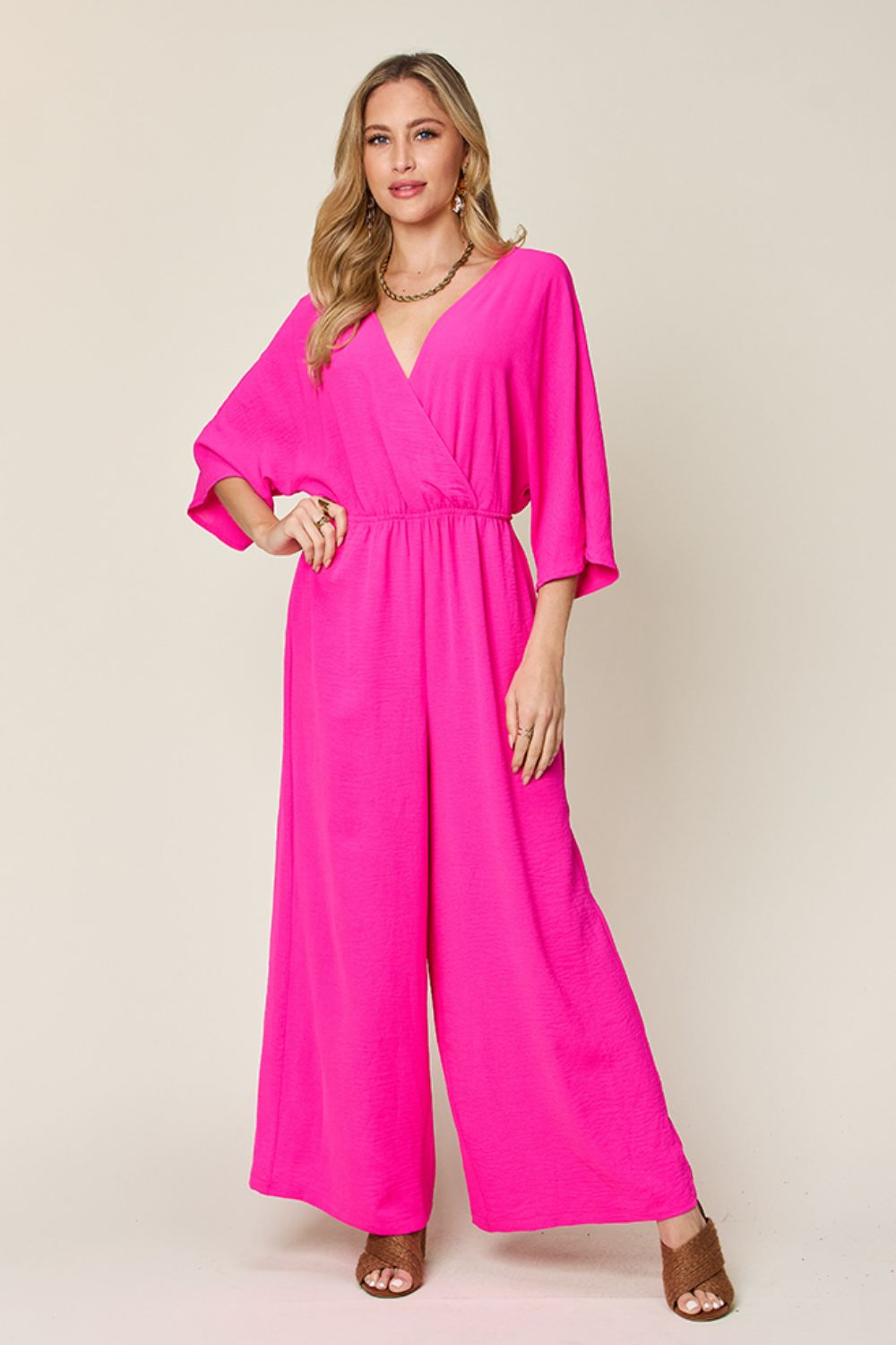 Double Take Full Size Surplice Wide Leg Jumpsuit with Pockets - Flip Flop Dynasty