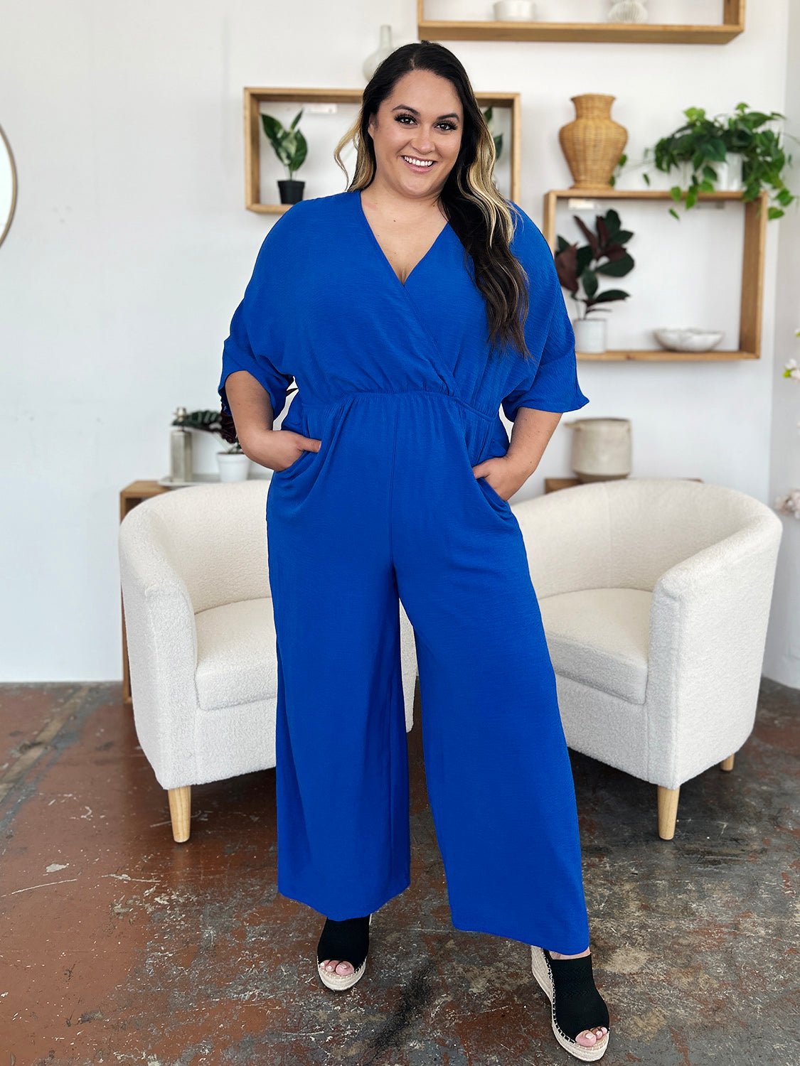 Double Take Full Size Surplice Wide Leg Jumpsuit with Pockets - Flip Flop Dynasty