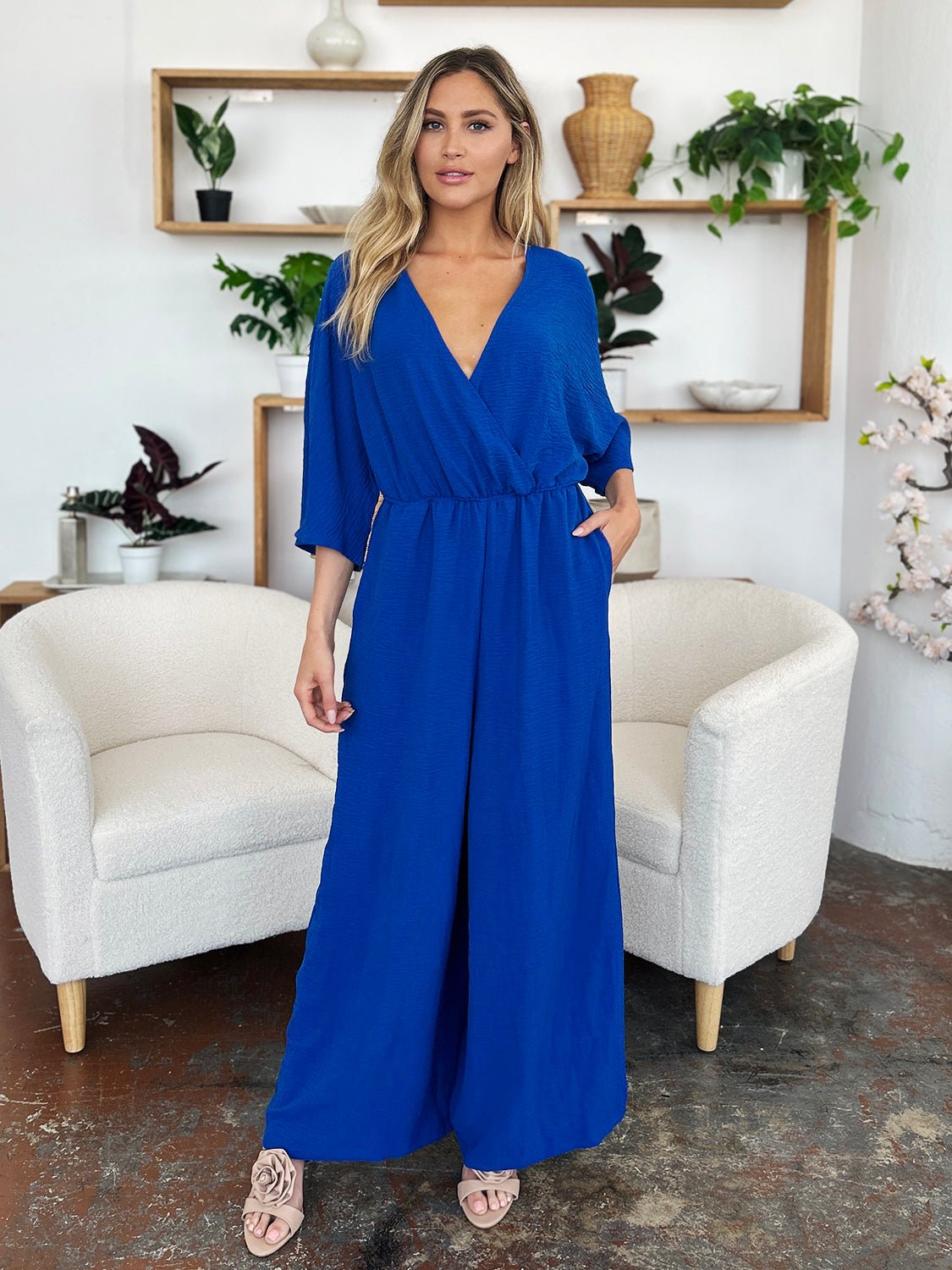 Double Take Full Size Surplice Wide Leg Jumpsuit with Pockets - Flip Flop Dynasty