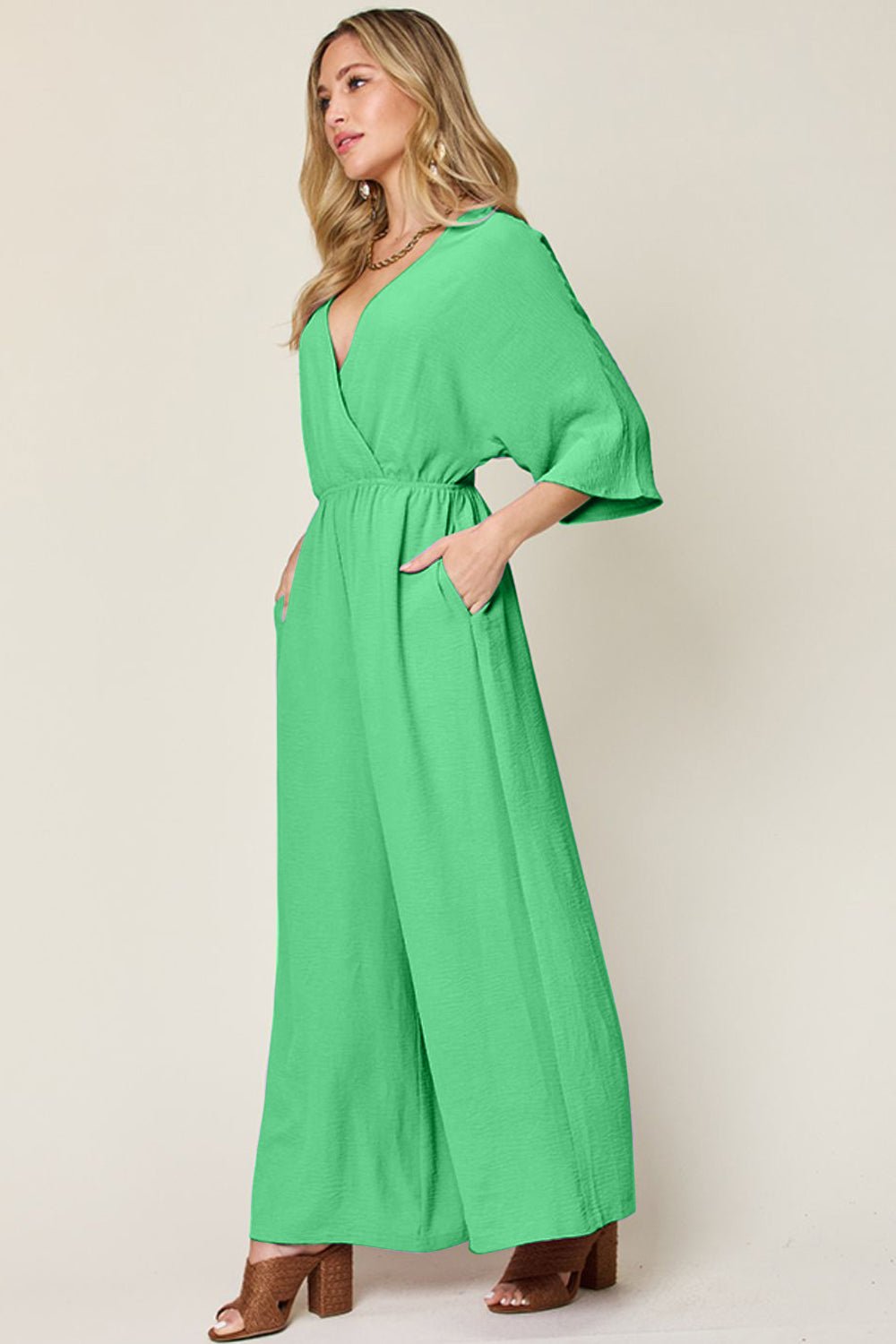 Double Take Full Size Surplice Wide Leg Jumpsuit with Pockets - Flip Flop Dynasty