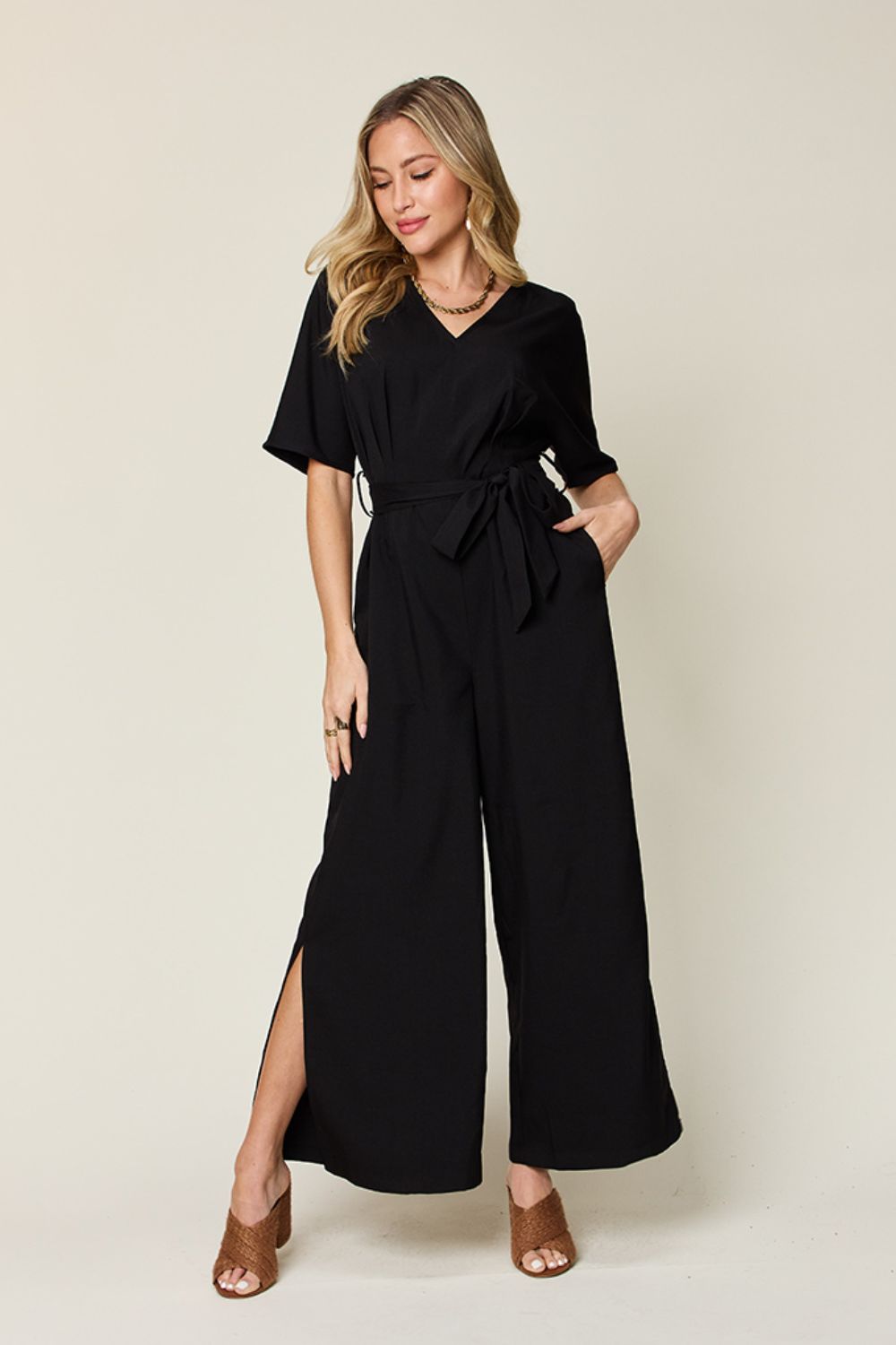 Double Take Full Size V - Neck Tied Side Slit Jumpsuit - Flip Flop Dynasty