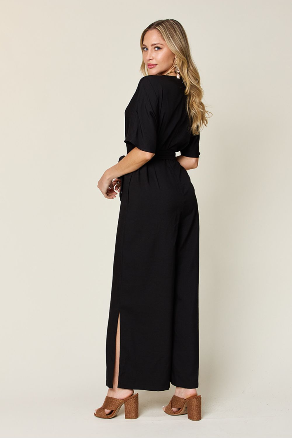 Double Take Full Size V - Neck Tied Side Slit Jumpsuit - Flip Flop Dynasty