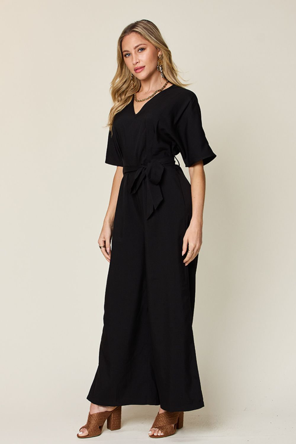 Double Take Full Size V - Neck Tied Side Slit Jumpsuit - Flip Flop Dynasty