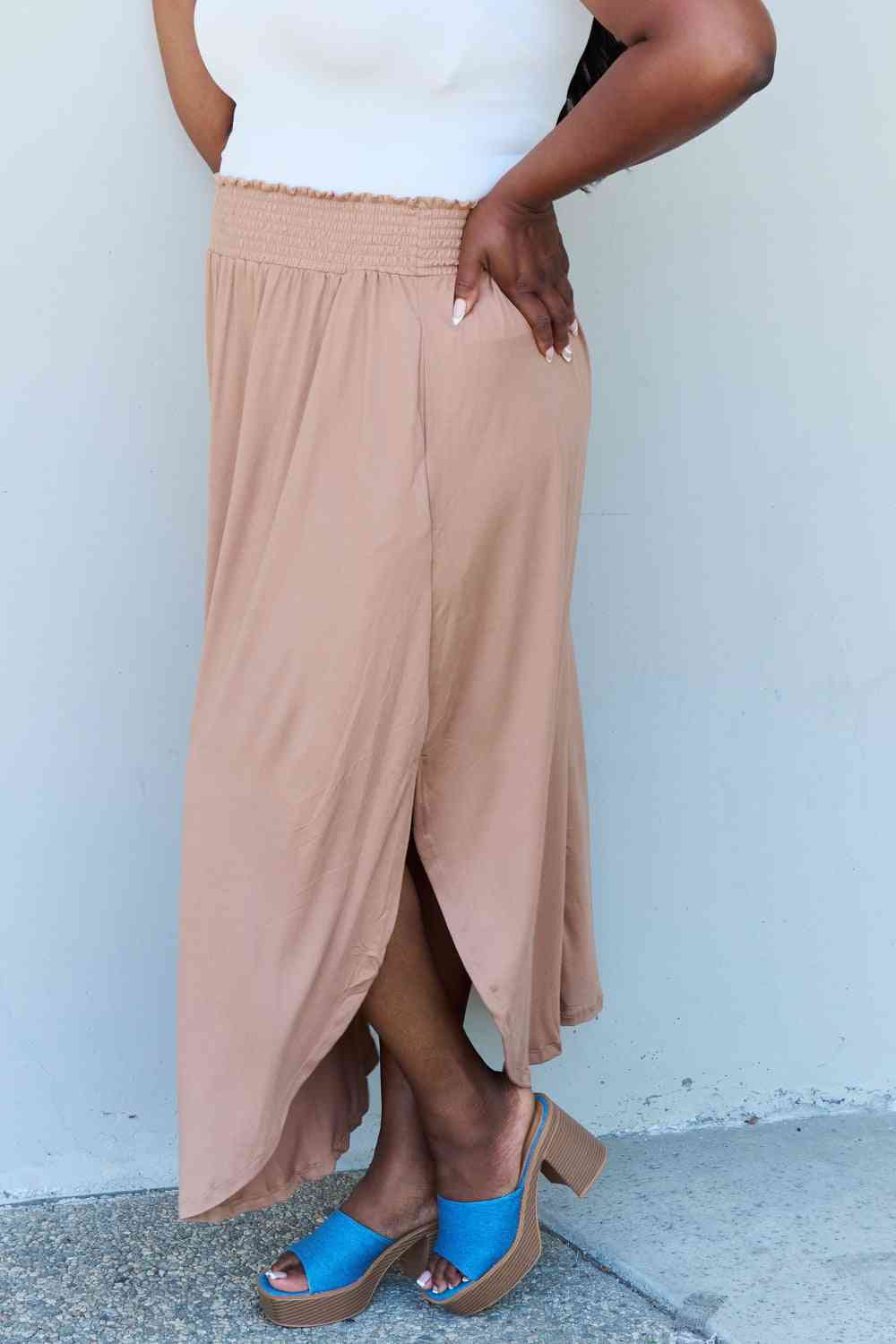 Doublju Comfort Princess Full Size High Waist Scoop Hem Maxi Skirt in Tan - Flip Flop Dynasty