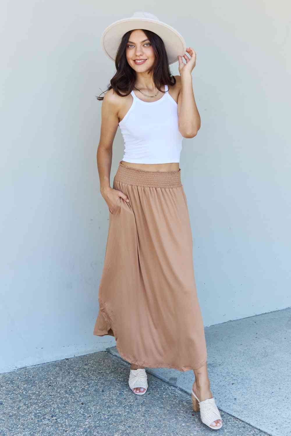 Doublju Comfort Princess Full Size High Waist Scoop Hem Maxi Skirt in Tan - Flip Flop Dynasty