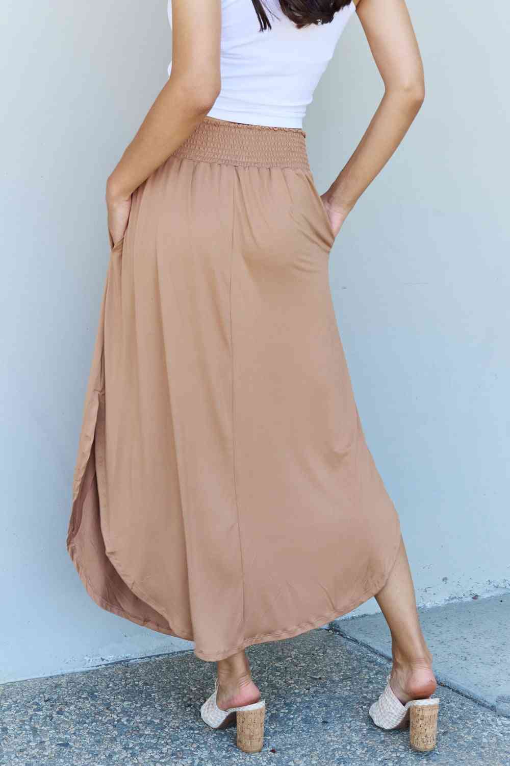 Doublju Comfort Princess Full Size High Waist Scoop Hem Maxi Skirt in Tan - Flip Flop Dynasty