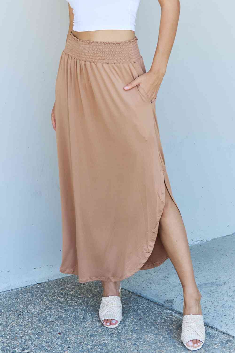 Doublju Comfort Princess Full Size High Waist Scoop Hem Maxi Skirt in Tan - Flip Flop Dynasty